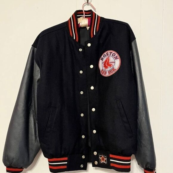 BOSTON RED SOX LEATHER SLEEVED BLUE MLB Baseball Size Small REVERSIBLE JACKET - Picture 1 of 6